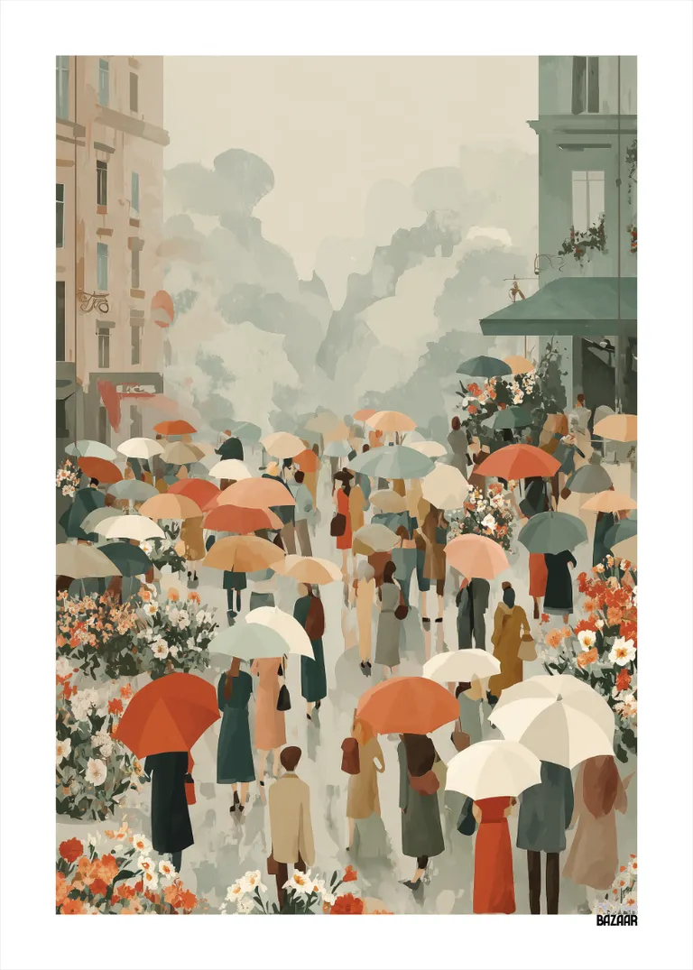 Umbrella Parade — tłum z kolorowymi parasolami, pastelowe kolory, spokojne tło