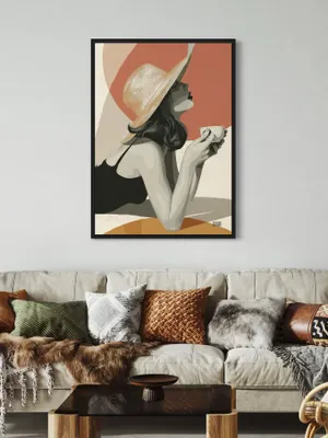 Plakat Sunlit Pause - kobieta w kapeluszu odpoczywa w letnim klimacie - obrazek 2