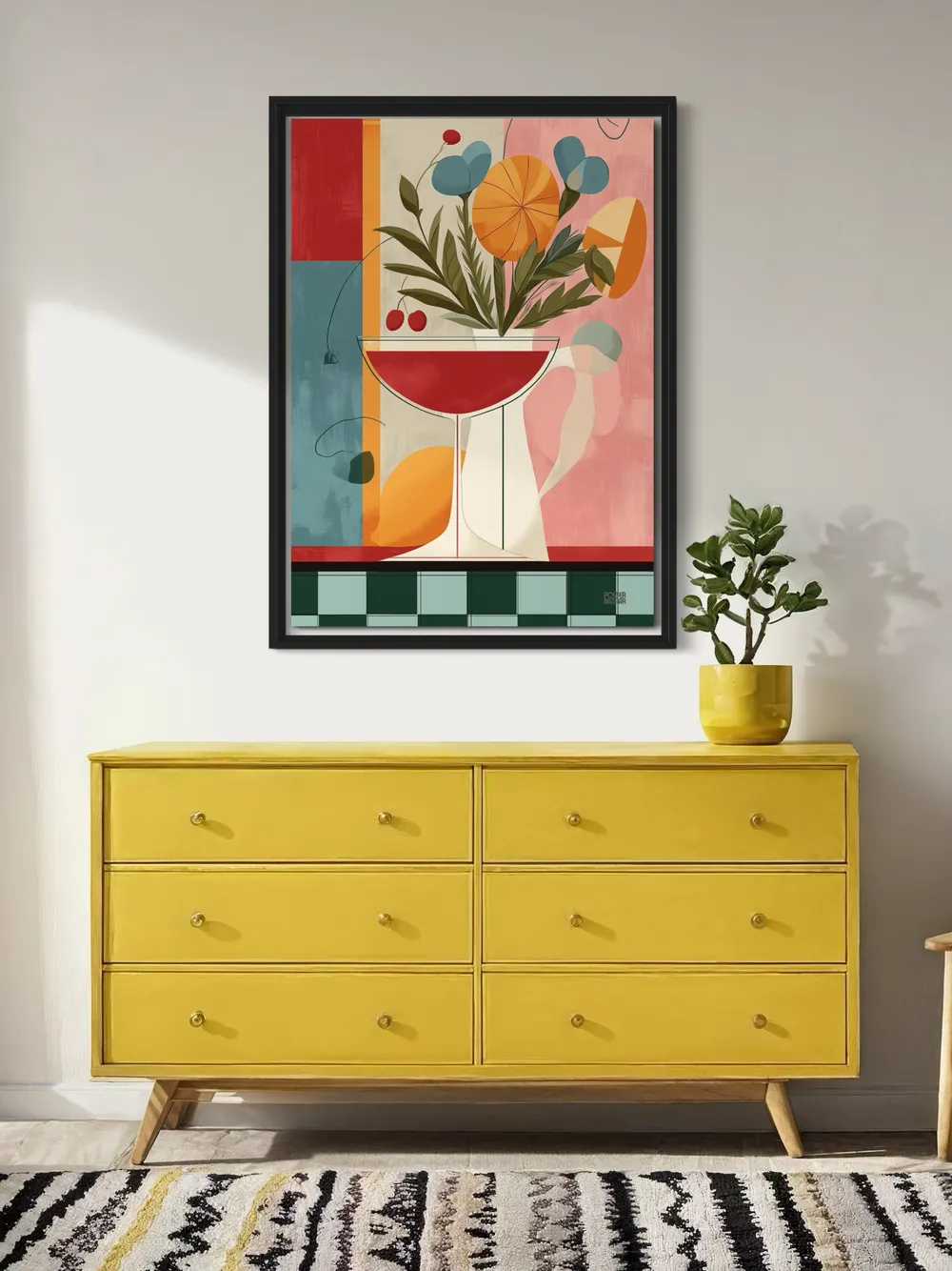 Plakat Cocktail Bloom - kieliszek koktajlowy z bukietem abstrakcyjnych kwiatów, geometryczne tło - obrazek 2