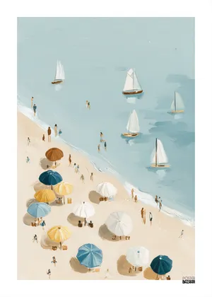 Plakat Sailboats Beach - plaża z parasolami i żaglówkami