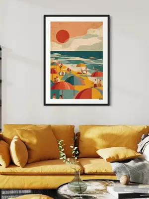 Plakat Summer Beach - plaża z kolorowymi parasolami i czerwonym słońcem w stylu retro - obrazek 2