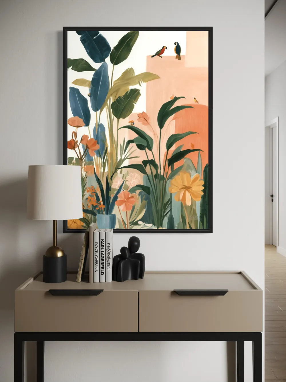 Plakat Tropical Garden - kolorowa dżungla z egzotycznymi roślinami i ptakami, pastelowe budynki - obrazek 2