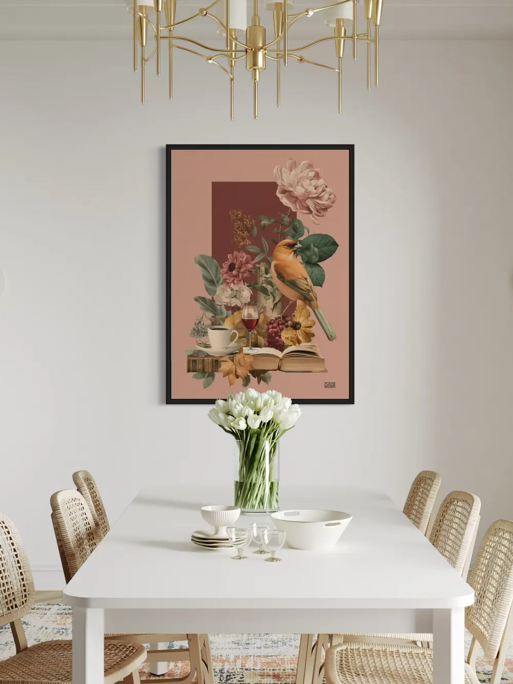 Plakat Bird Garden - kolorowy ptak w ogrodzie z filiżanką kawy i winem - obrazek 2