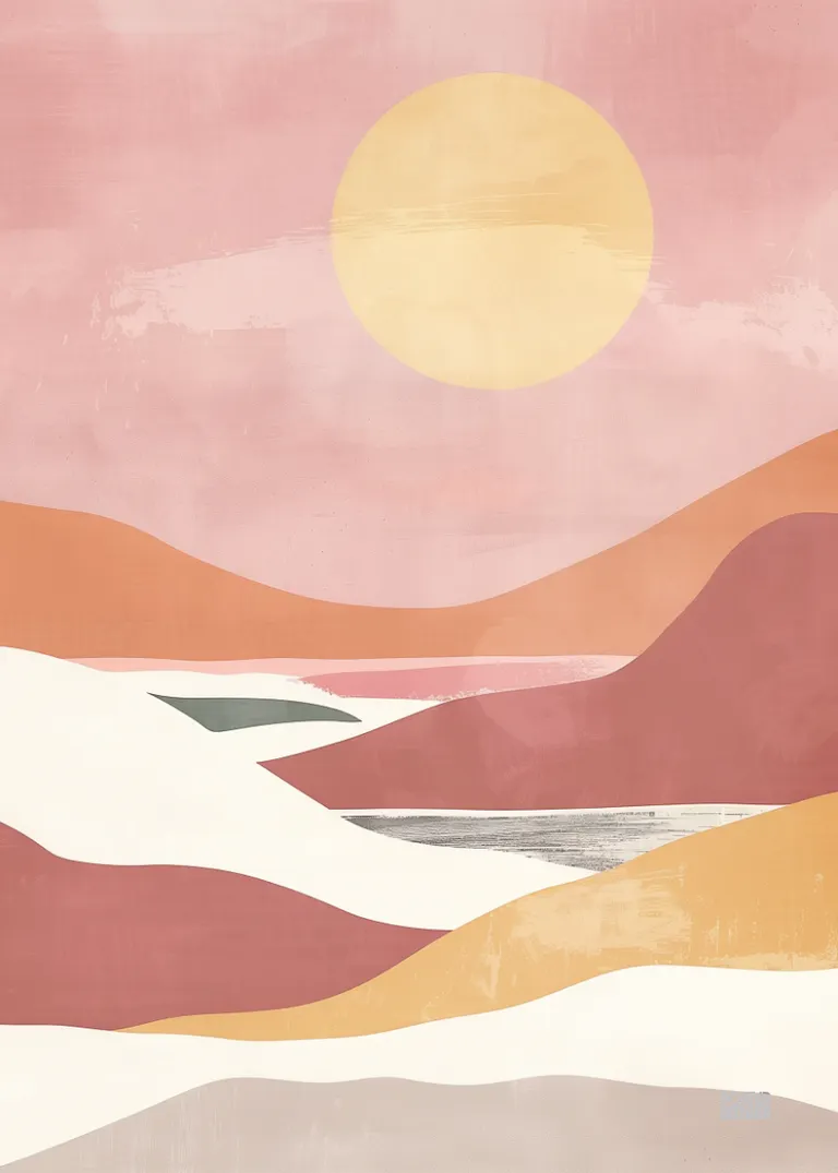 Sunset Dream — abstrakcyjny krajobraz z słońcem na pastelowych barwach