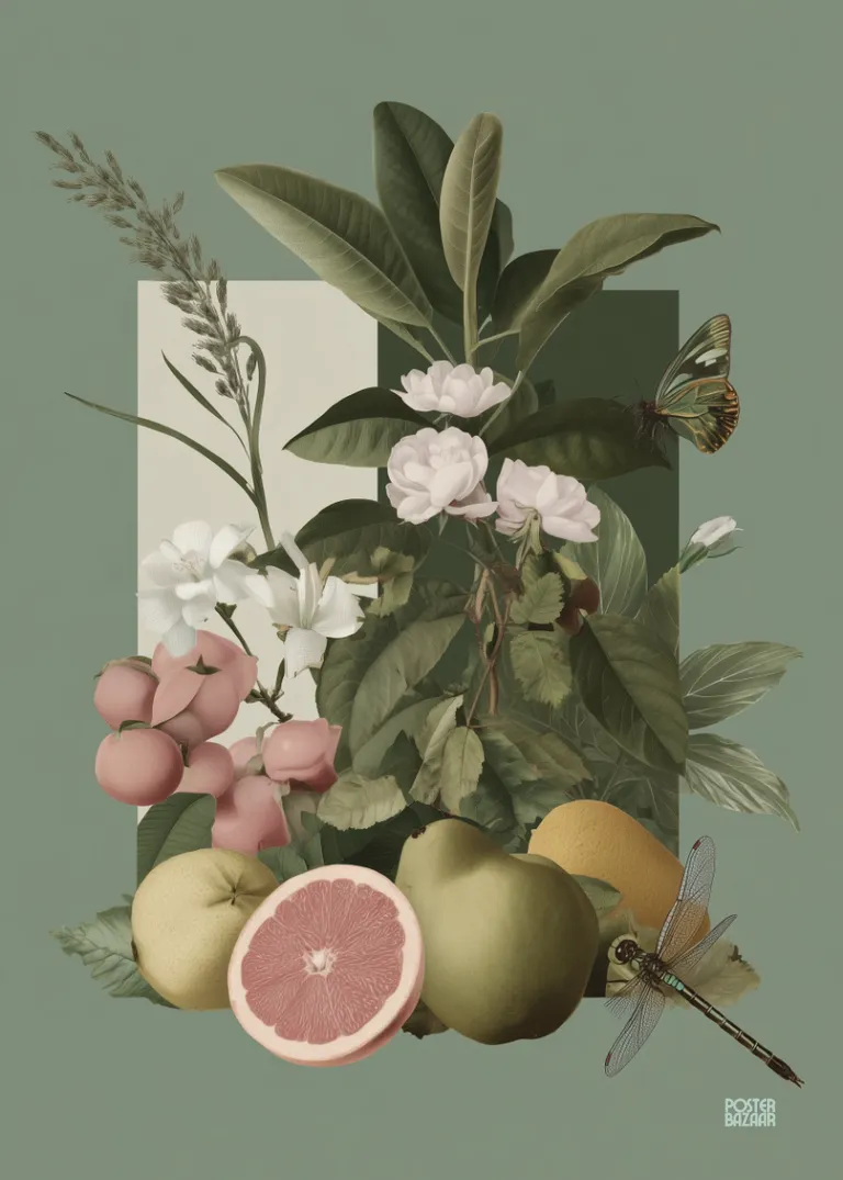 Botanical Citrus — soczyste owoce cytrusowe, jabłka, kwiaty i motyle na tle geometrycznych kształtów