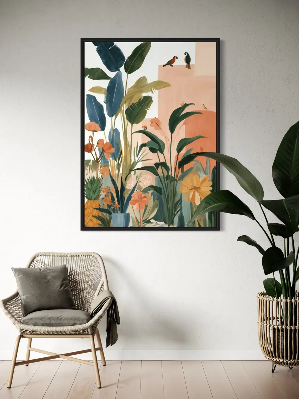 Plakat Tropical Garden - kolorowa dżungla z egzotycznymi roślinami i ptakami, pastelowe budynki - obrazek 3