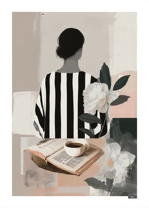 Plakat Striped Pause - kobieta wśród kwiatów i spokojnych barw