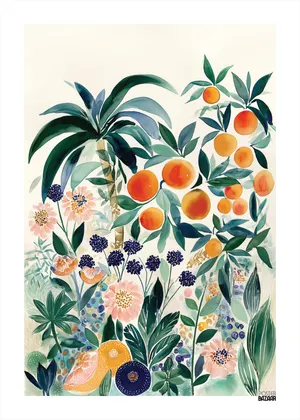 Plakat Orange Paradise - soczyste pomarańcze na tle tropikalnych liści