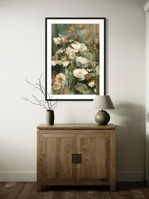 Plakat Pastel Meadow - delikatne kremowe kwiaty na tle zieleni i beżu - obrazek 3