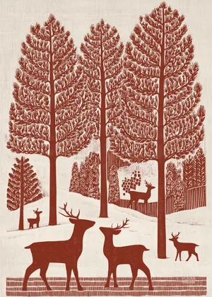 Plakat Pinewood Companions - jelenie w stylizowanych sosnach w ciepłych odcieniach