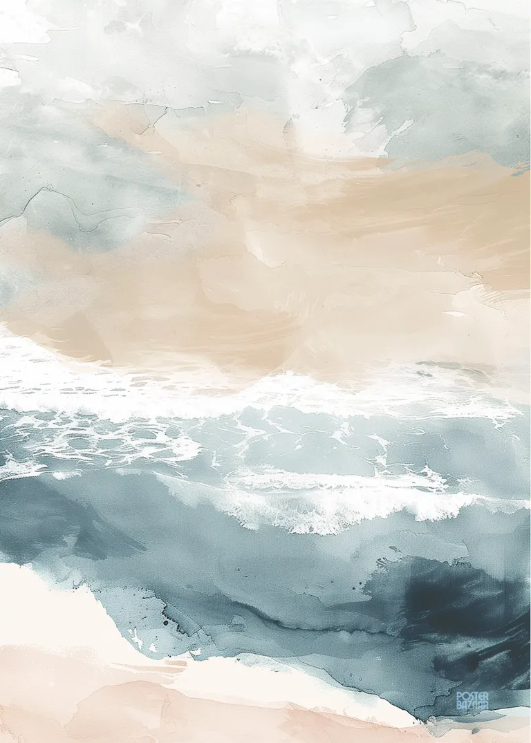 Ocean Mist — delikatna akwarelowa scena spokojnych fal oceanu