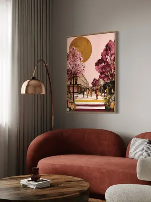 Plakat City Blossom - kwitnąca ulica z ludźmi, złote słońce i drzewa w odcieniach różu, beżu i zieleni - obrazek 3