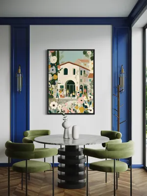 Plakat Village Blossom - biały domek z czerwonym dachem wśród kolorowych kwiatów, pastelowe kolory - obrazek 3