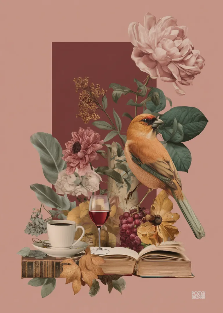 Bird Garden — kolorowy ptak w ogrodzie z filiżanką kawy i winem