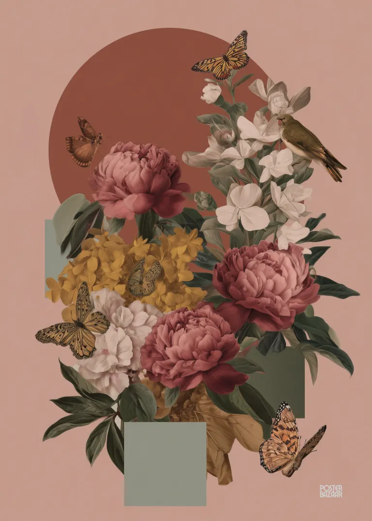 Peony Garden — piwonie w rozowych i bordowych odcieniach z motylami i ptakiem