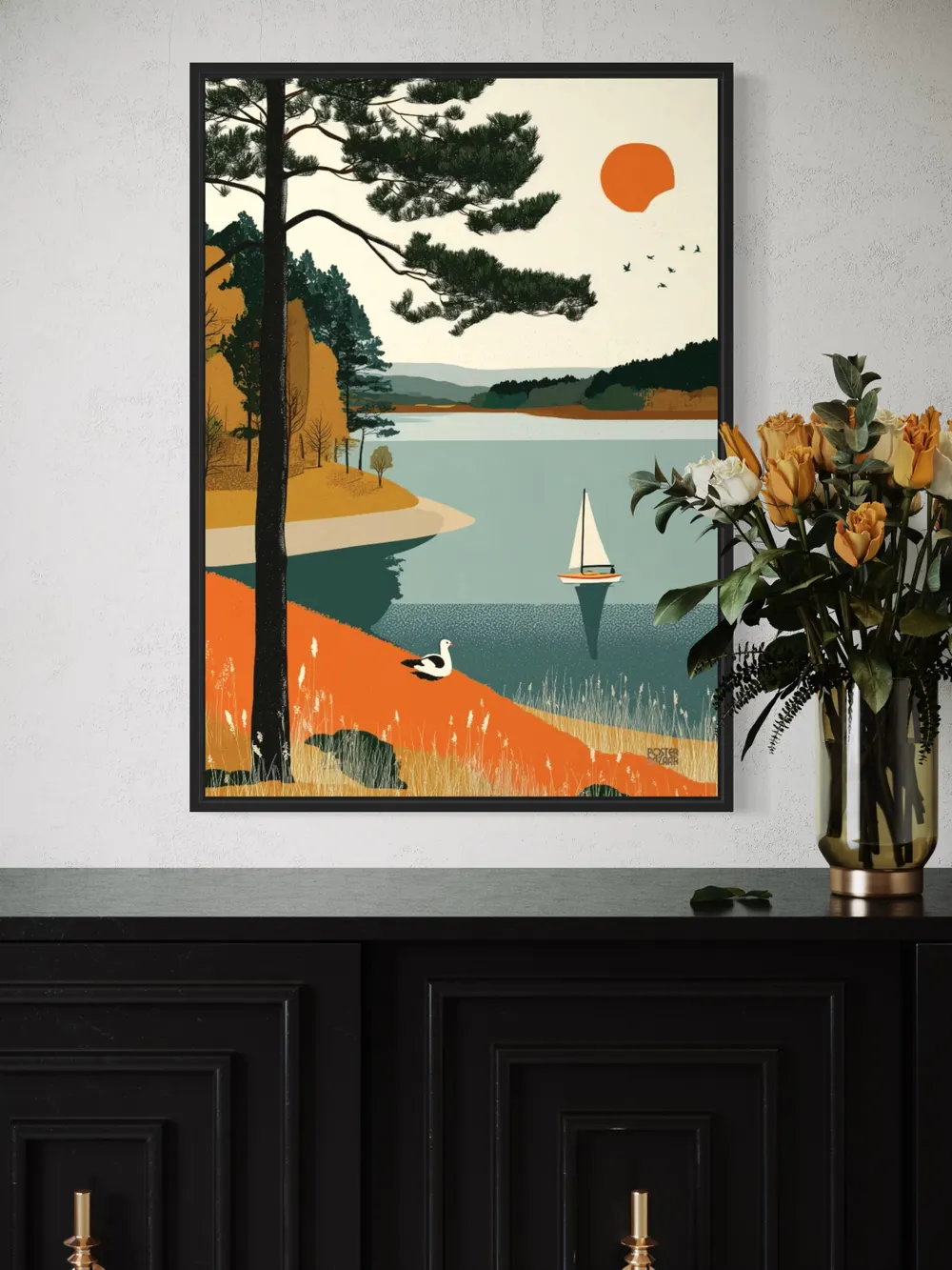 Plakat Lake View - spokojne jezioro z żaglówką, drzewa i ptaki w ilustracyjnym stylu - obrazek 2