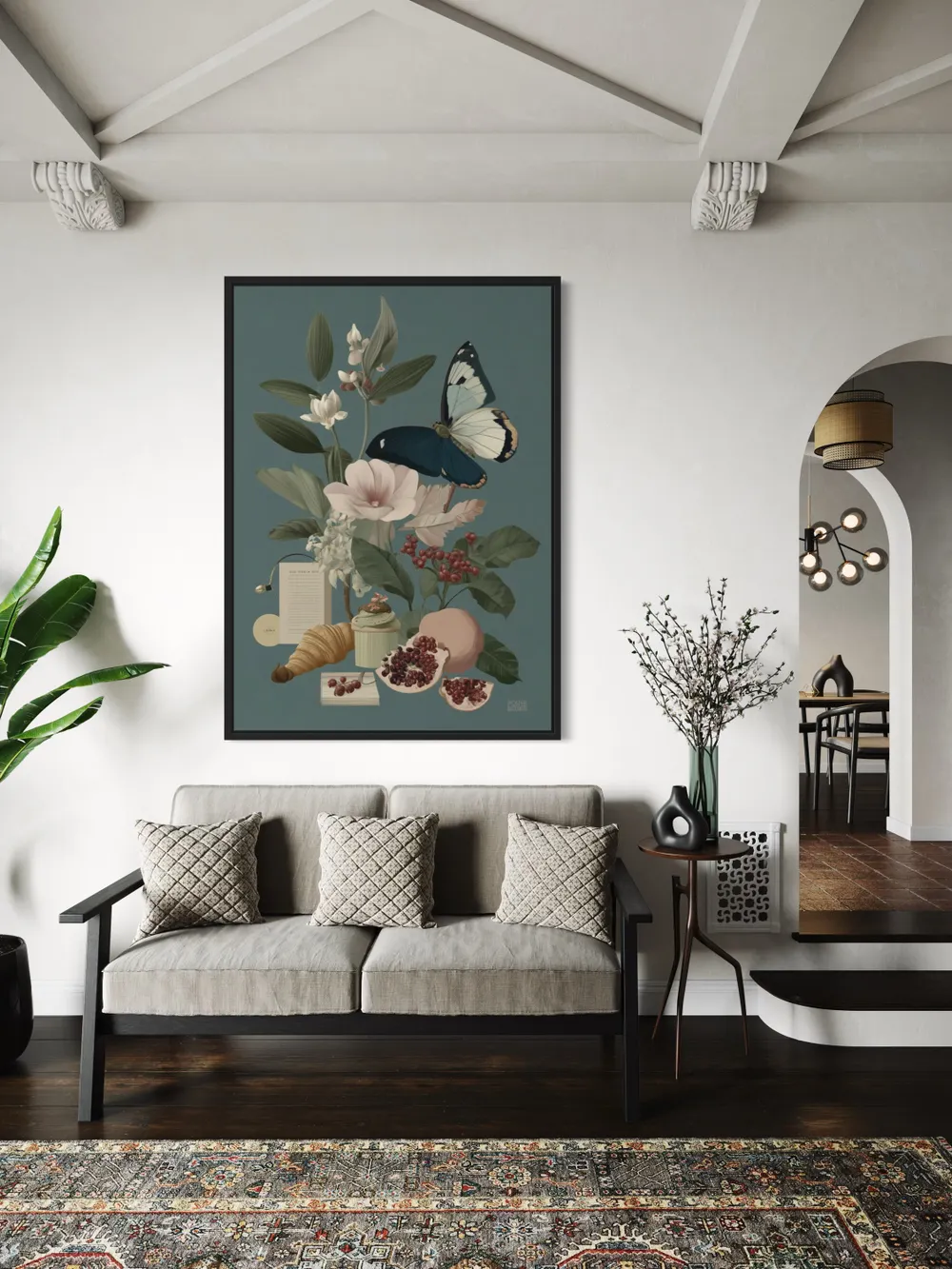 Plakat Butterfly Feast - elegancki motyl na tle liści i owoców - obrazek 2