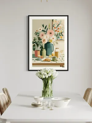 Plakat Breakfast Mood - kolorowy stół śniadaniowy z kwiatami i pastelami - obrazek 2