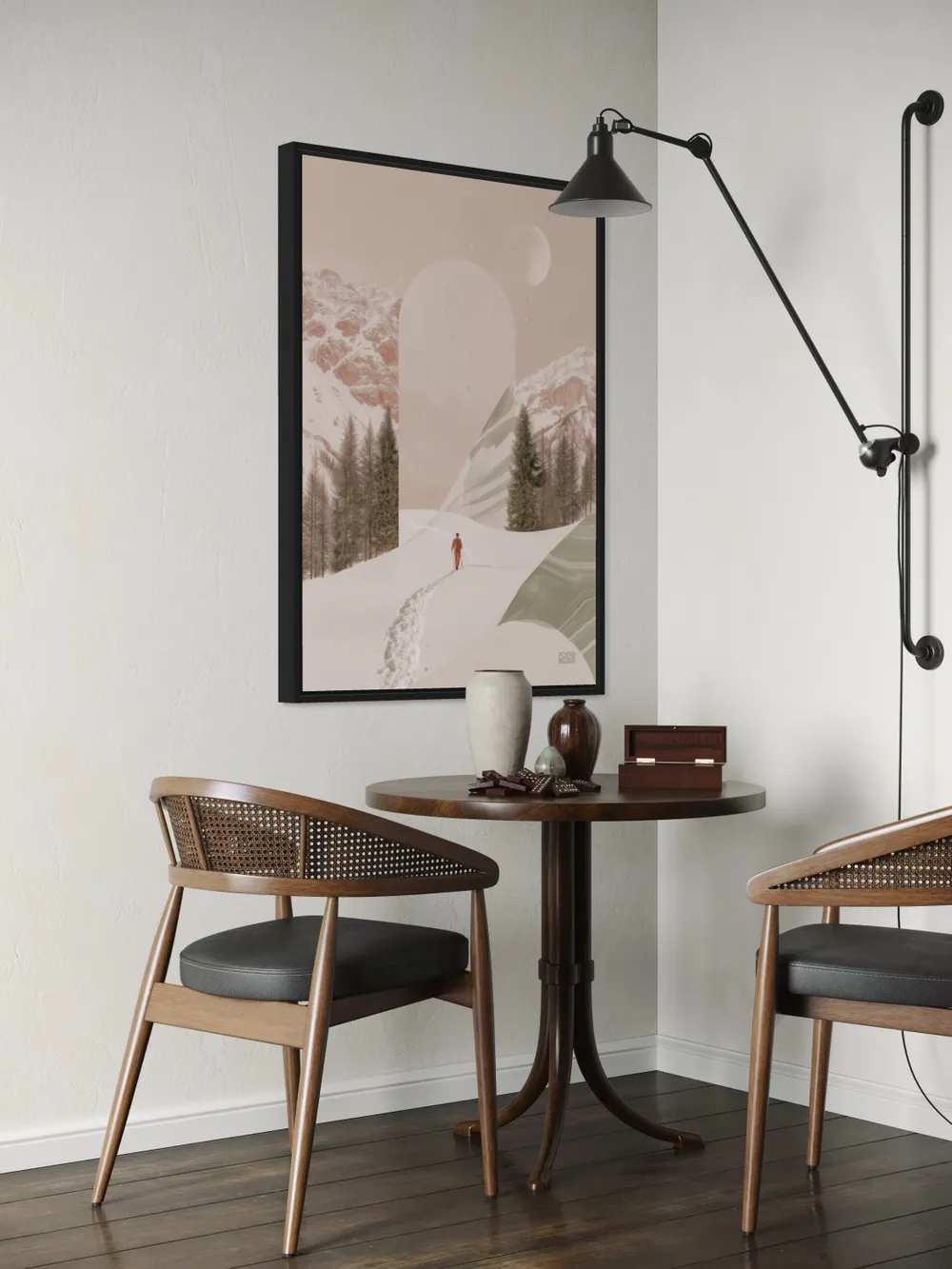 Plakat Pastel Solitude - samotna postać w śnieżnym krajobrazie, góry, drzewa, pastelowy księżyc - obrazek 3