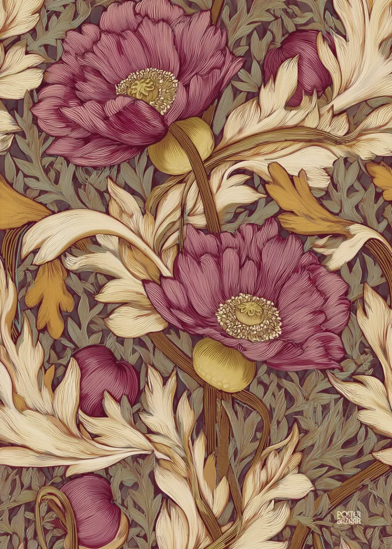 Crimson Petals — duże karminowe kwiaty na oliwkowym tle w stylu retro