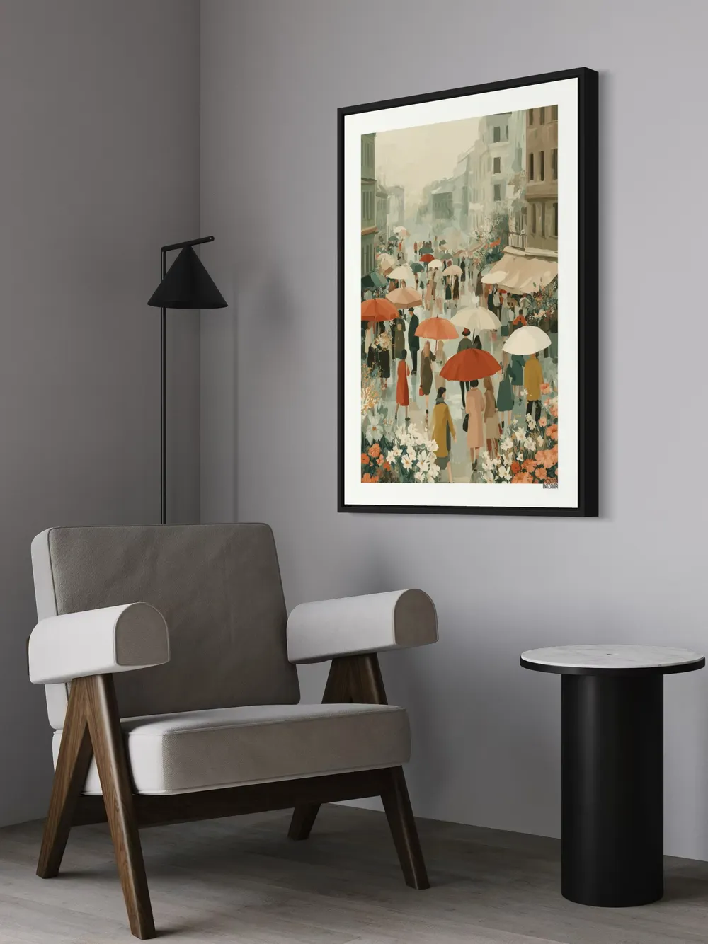 Plakat Rainy Walk - tłum ludzi z parasolami na mokrej ulicy w pastelach - obrazek 3