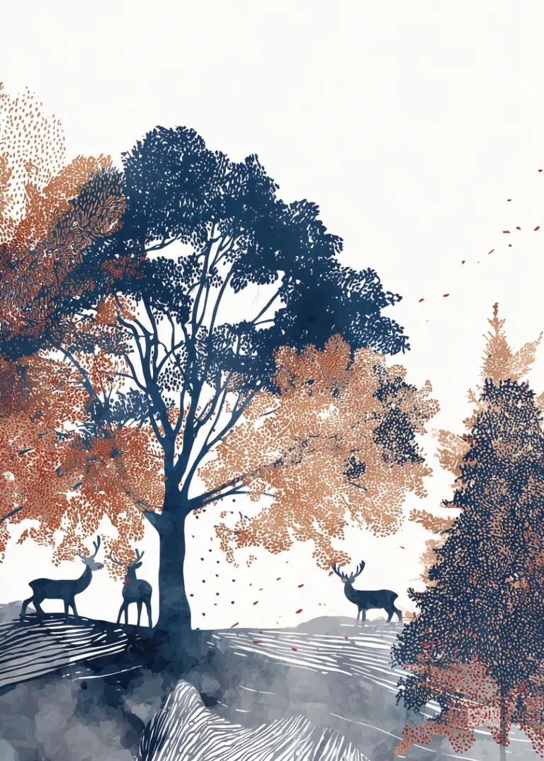Antler Grove — jelenie pod drzewem w jesiennym lesie akwarelowym
