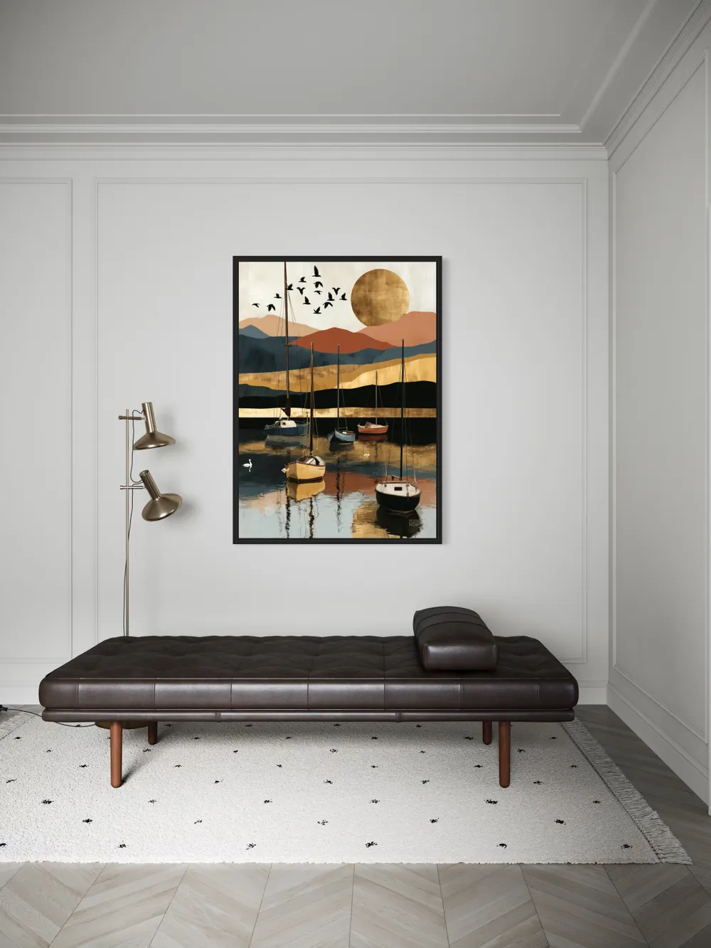 Plakat Golden Lake - nowoczesny plakat z żaglówkami, łabędziami i górami w mocnych kolorach - obrazek 3