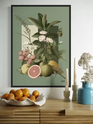 Plakat Botanical Citrus - soczyste owoce cytrusowe, jabłka, kwiaty i motyle na tle geometrycznych kształtów - obrazek 2