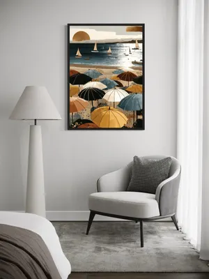 Plakat Sailboat Beach - plażowe parasole i żaglówki w letnim klimacie - obrazek 3