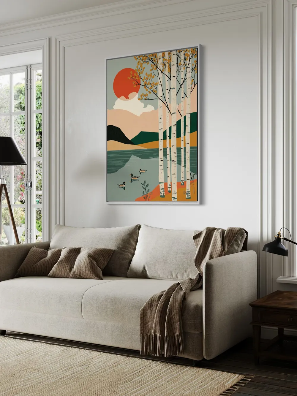 Plakat Birch Lakeview - białe brzozy nad jeziorem w ciepłych kolorach - obrazek 2