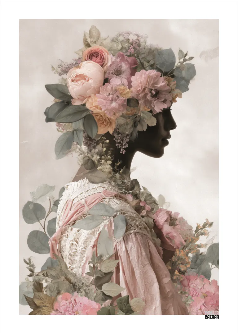 Floral Muse — portret kobiety z twarzą i włosami z kwiatów, pastelowe kolory, różowa suknia