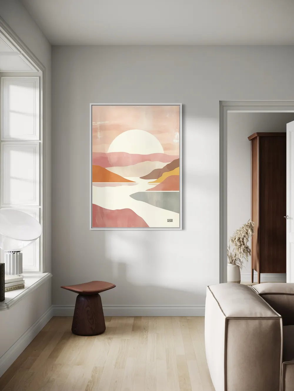 Plakat Pastel Sunrise - delikatna pastelowa scena z bialym sloncem i abstrakcyjnymi wzgorzami - obrazek 2