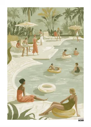 Plakat Poolside Leisure - letni relaks nad basenem w zielono-żółtej kolorystyce