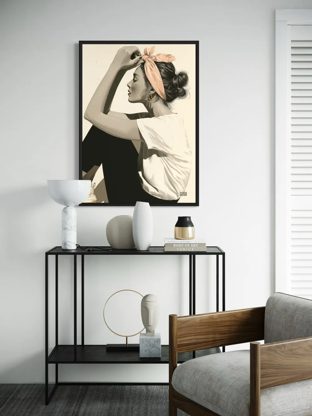 Plakat Retro Woman - portret młodej kobiety w stylu retro z różową chustą - obrazek 2