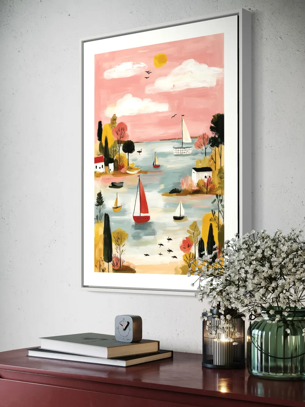 Plakat Pink Sailing - radosna scena żaglówek na spokojnej wodzie w różowych odcieniach - obrazek 3