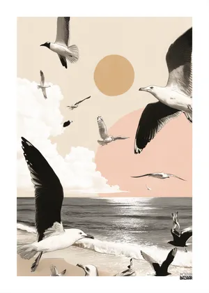 Plakat Seagull Beach - mewy szybujące nad spokojnym morzem w pastelowym niebie