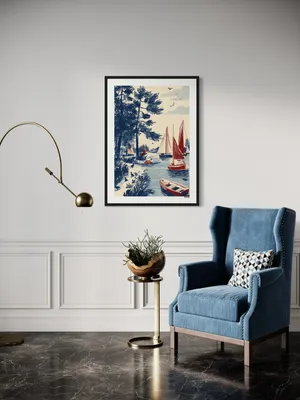 Plakat Sailing Lake - szkicowe jezioro z żaglówkami w retro stylu - obrazek 2