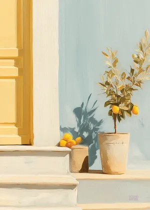 Plakat Lemon Tree - doniczkowe drzewko cytrynowe na jasnych schodach