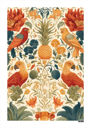 Plakat Pineapple Birds - egzotyczne papugi i ananas w tropikalnej kompozycji