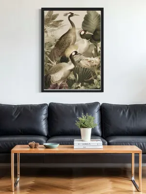 Plakat Crowned Companions - plakat z trzema żurawiami koronistymi w tropikalnych liściach - obrazek 3