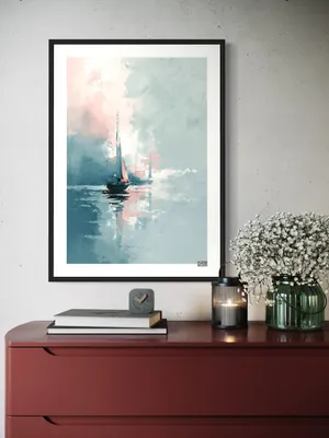 Plakat Pastel Sailing - dwie żaglówki na spokojnej wodzie w pastelowych odcieniach - obrazek 3
