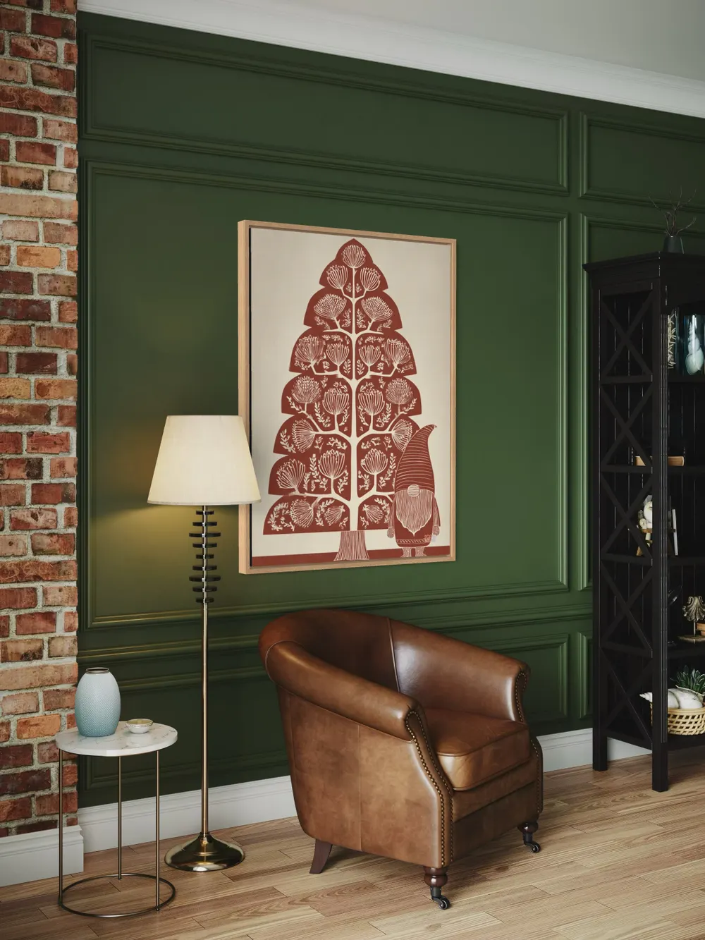 Plakat Gnome Botanica - krasnal w pasiastym kapeluszu przy geometrycznym drzewie - obrazek 3