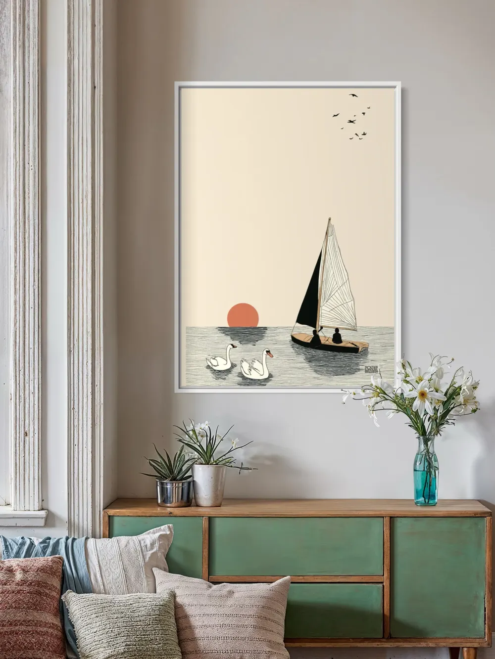 Plakat Swan Evening - minimalistyczny plakat z łabędziami, żaglówką i zachodem słońca - obrazek 3