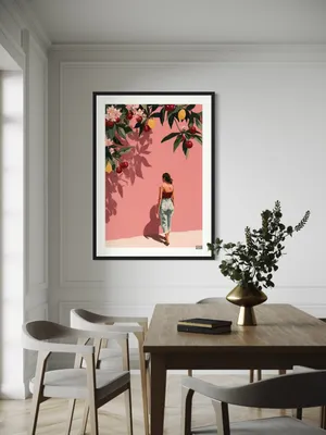 Plakat Summer Dream - dziewczyna boso przy różowej ścianie z letnimi owocami - obrazek 3