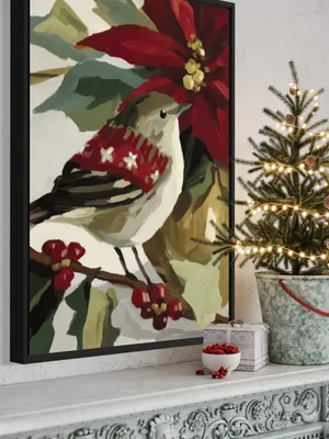 Plakat Festive Perch - uroczy ptaszek w czerwonym sweterku na gałązce z jagodami - obrazek 2
