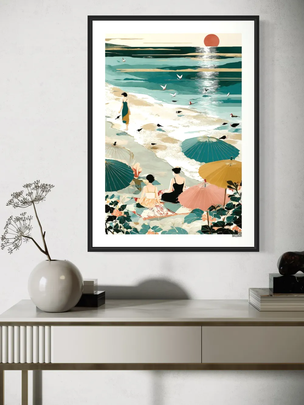 Plakat Sunset Beach - trzy kobiety na plaży, pastelowe kolory, morze i słońce - obrazek 2