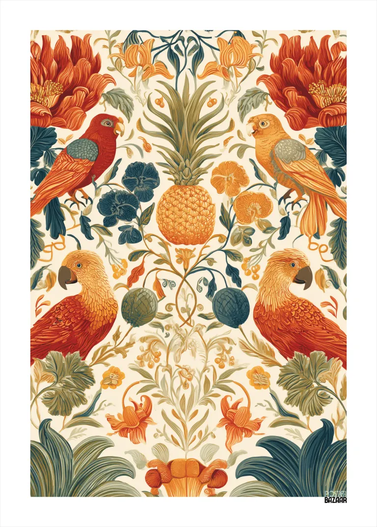 Pineapple Birds — egzotyczne papugi i ananas w tropikalnej kompozycji