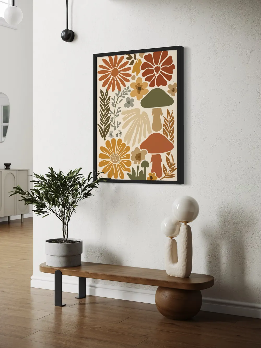 Plakat Mushroom Meadow - stylizowane kwiaty i grzyby w ciepłych, ziemistych barwach - obrazek 2