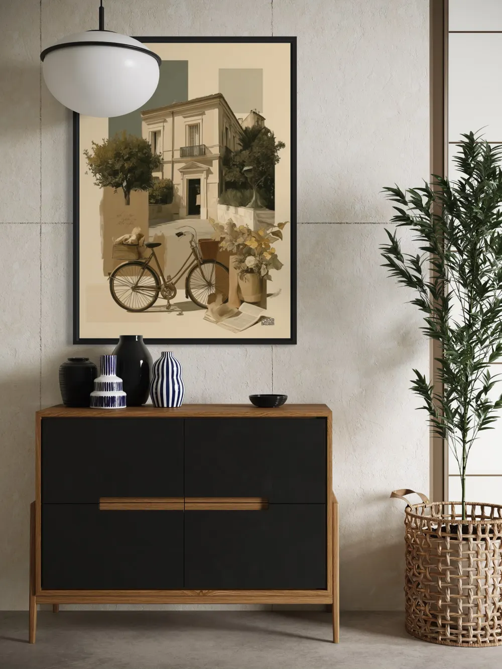 Plakat Vintage Bicycle - elegancki stary rower z koszem kwiatow i ksiazka - obrazek 2