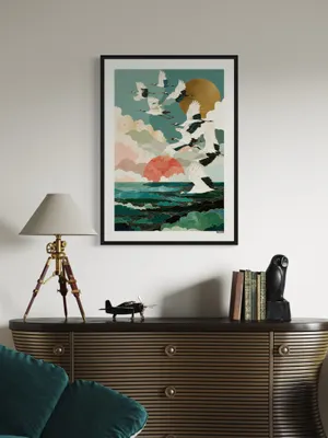 Plakat Golden Cranes - żurawie nad zielonym morzem - obrazek 2